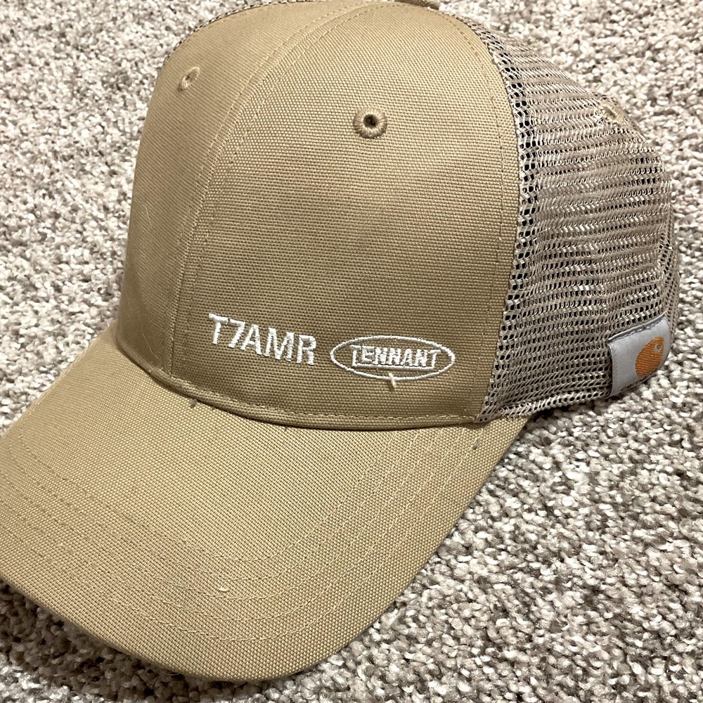 T7AMR Carhartt snap-back trucker hat, tan, like new, One Size